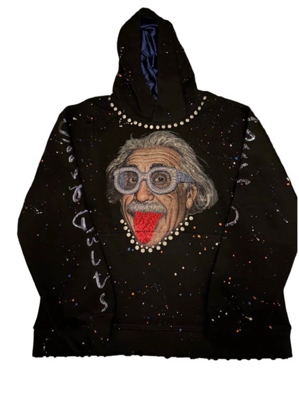 Sz large Black Hooded Sweater with Playful Albert Einstein Motif